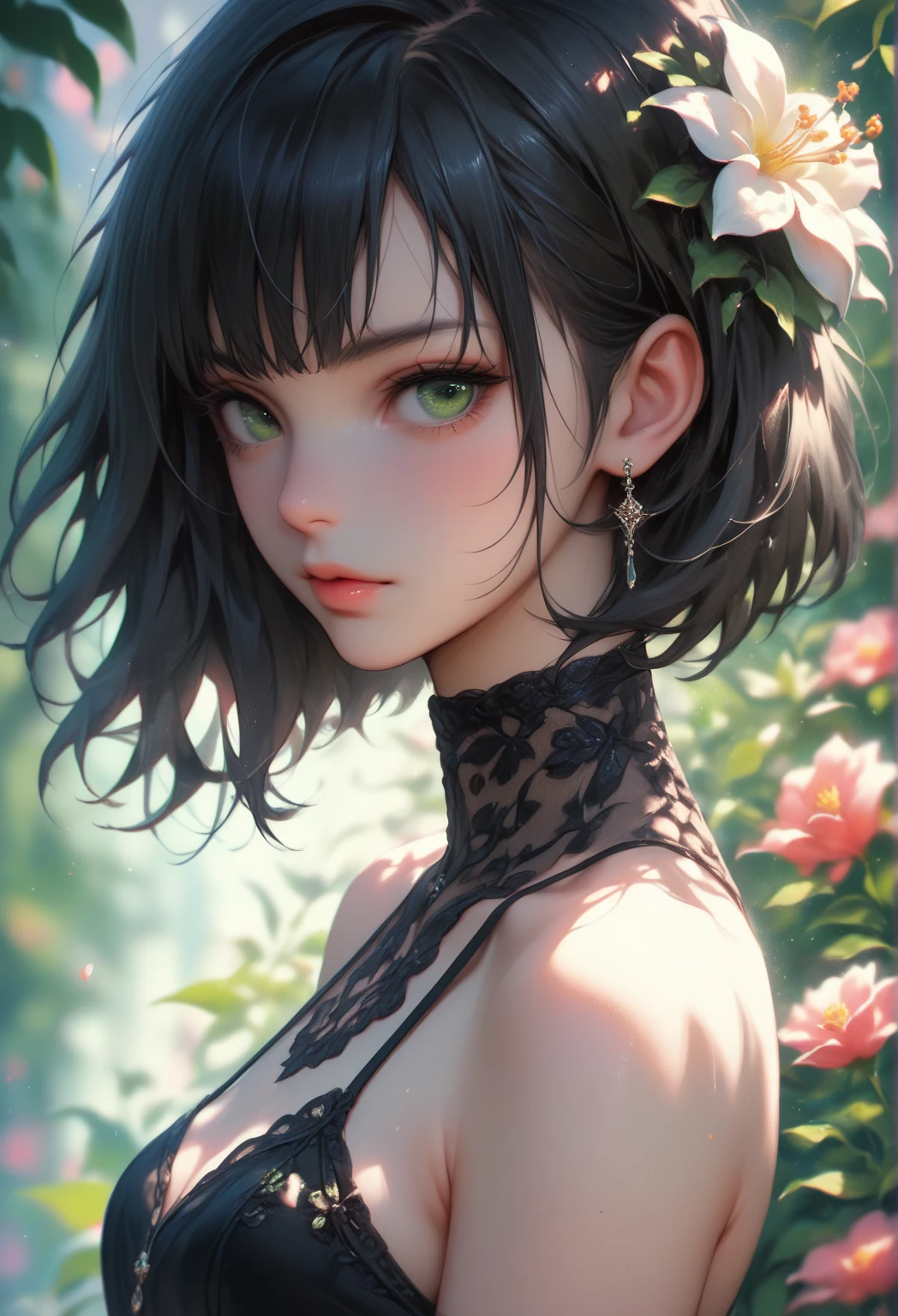 Pale-skinned goth girl without exaggeration, short black hair , one green eye and one blue, that only her torso and her beautiful perfect tits and perfect tits and ass can be seen with a smile and a look that expresses love for me, realistic style with a summer style background or in a field of flowers 