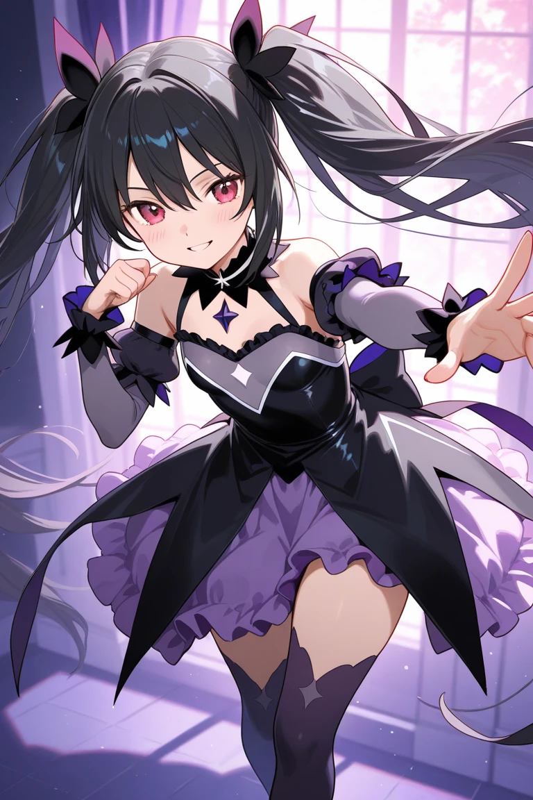 (highest quality:1.2),One girl,alone,Are standing_Split,homu,Magical Girl Clothes,boots,Purple eyes,Long Hair,Black Hair,bangs,Hair between the eyes,pixelated background,Neon Light,SF color scheme,Vibrant colors,Metallic texture,detailed shading,Holographic interface,Dark atmosphere,High Contrast,Sharp focus,twig of hair,Reflective surface,Exquisite detail,High resolution,Studio Lighting,Red accents,Illuminated surroundings,Artificial Intelligence Assistant