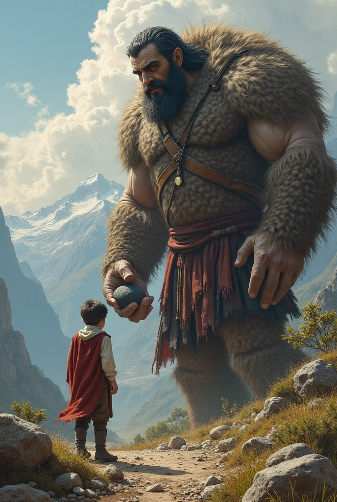 A very small person watching the goddess of giants