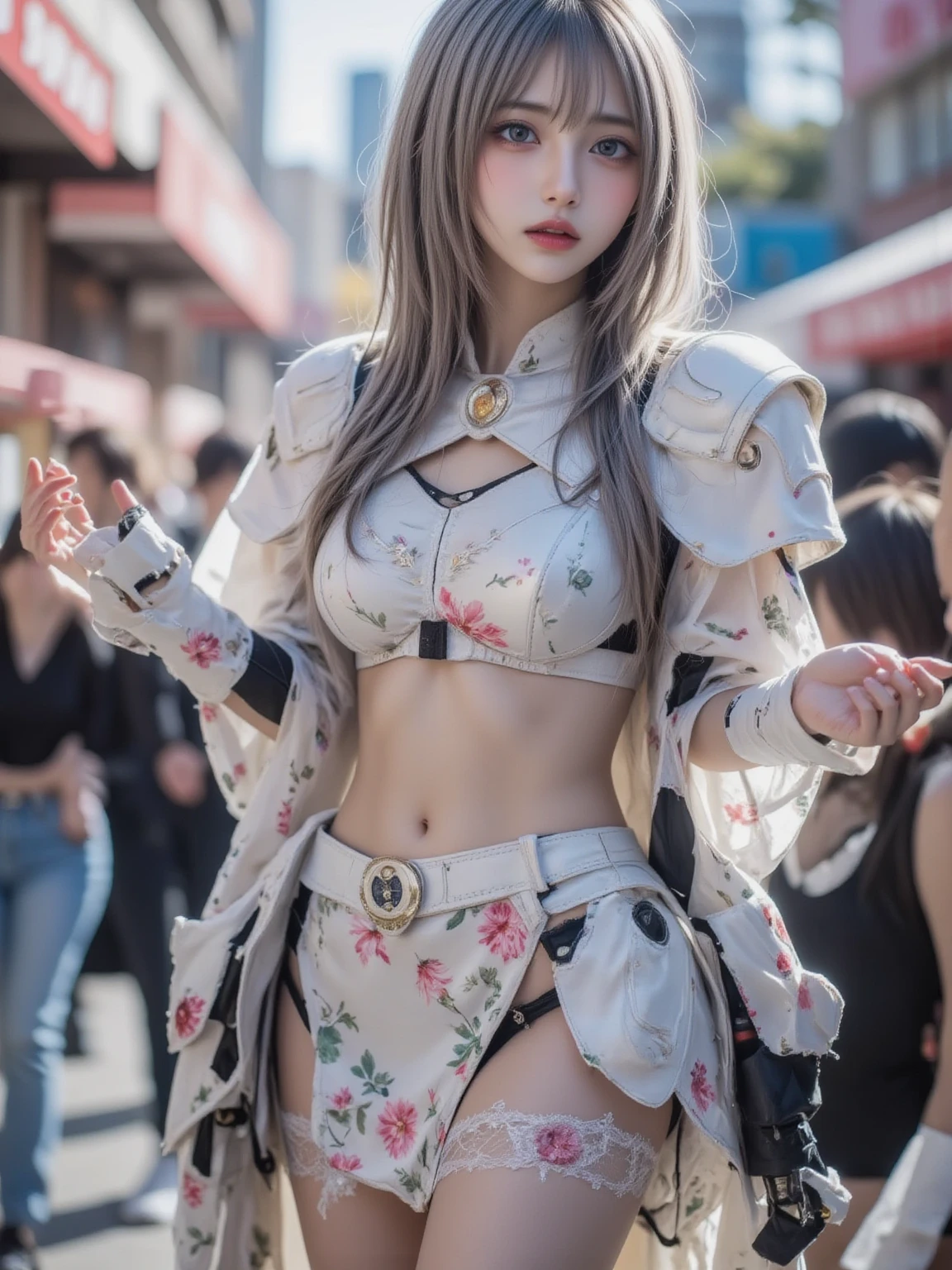 Japanese matsuri and Japanese festival as background, fashion model walking, silver color top, white short pants, white short skirt, head and full body, Extremely cute human eighteen year old girl, bare legs, very beautiful and feminine, short, petite, beautiful breast, small, busty buttocks, large bust, large breast, bare legs, bare legs, cleavage display, split skirt, flat belly display, detailed eyes, detailed nose, super detailed on face, partial helmet with antenna on the ear, very stylish, award-winning product design, tights, split skirt, White shiny breast top opens at the cleavage and abdomen, stylish, glowing trims, atmospheric perspective, 8k, super detail, Accurate, best quality