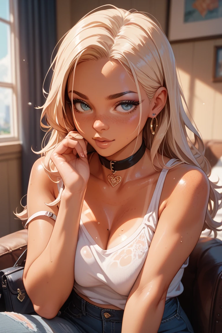 a 22 year old girl, sketch, skinny, tiny, t shirt, black and white, cute body, detailed features, cleavage, vintage style, high contrast lighting, cute eyes, long hair,(best quality,4k,8k,highres,masterpiece:1.2),ultra-detailed,(realistic,photorealistic,photo-realistic:1.37),vintage,monochrome,intense gaze,dramatic lighting,rugged background,distressed paper texture,retro vibes,id photo,front view