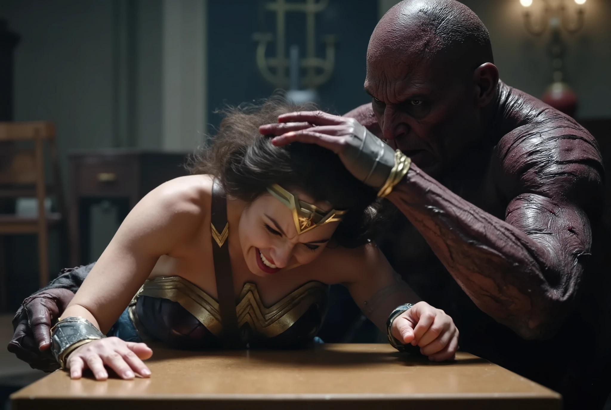 Gal Gadot as Wonder woman, both hands on table, she is bend over ,a monster doing sexual intercourse from behind, she's crying, she's in pain shouting, fierce monster fucking harder and harder,