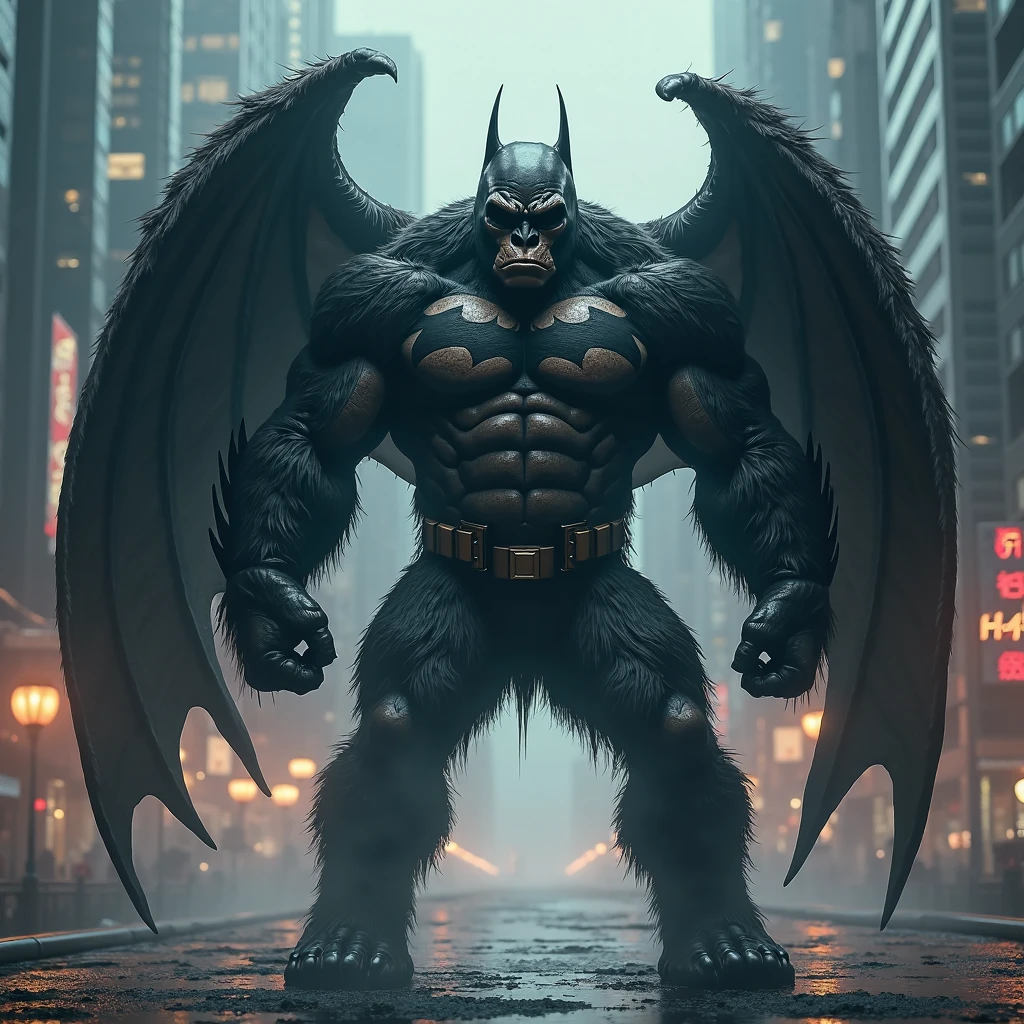 The face of a bull and the body of a bear. A monster with bat wings growing from its back. The height is over 50 meters. The monster is standing in the middle of a destroyed city. 8K image quality. Cyberpunk style.