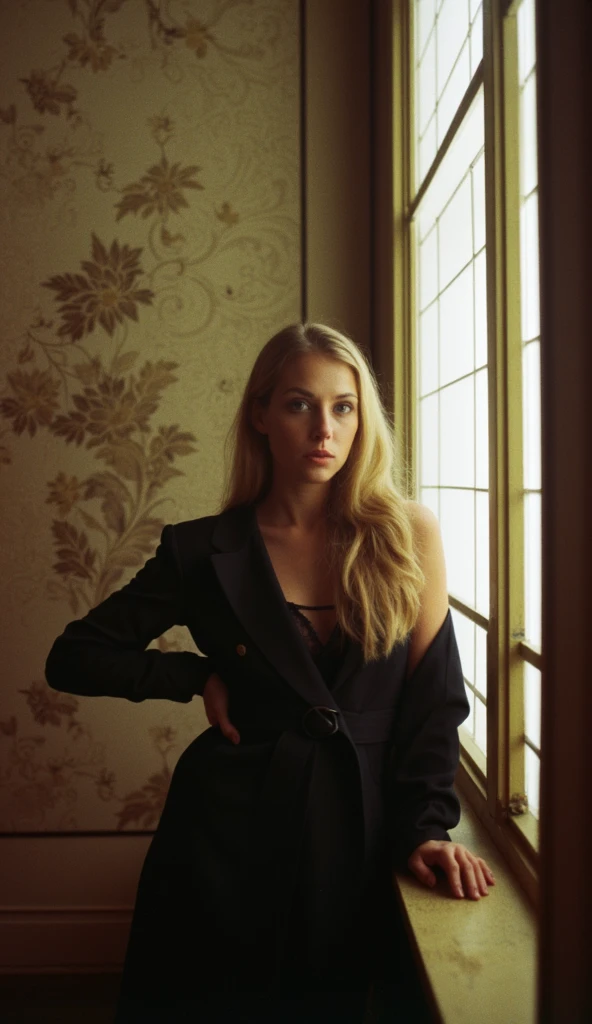 light blonde small face long hair girl wearing black sexy dress in the museum