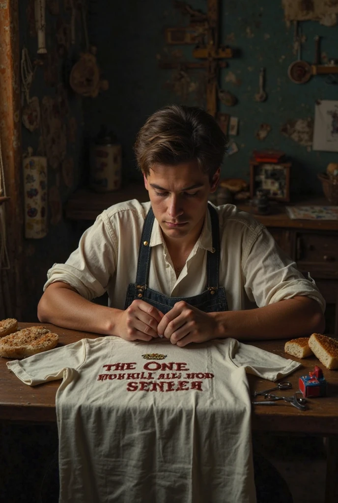A cute young man without a shirt looking at a grandmother who is sewing clothes in an old house