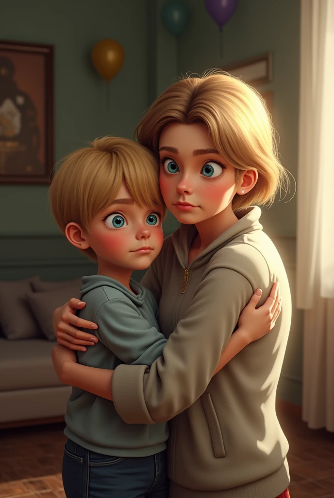 "mom kissing her little young boy on the lips", blonde hair, mom is seen wearing a skirt, little boy is seen wearing shorts, masterpiece, realistic, high resolution, high quality, highest quality, best quality, ultra detailed, extremely detailed,
