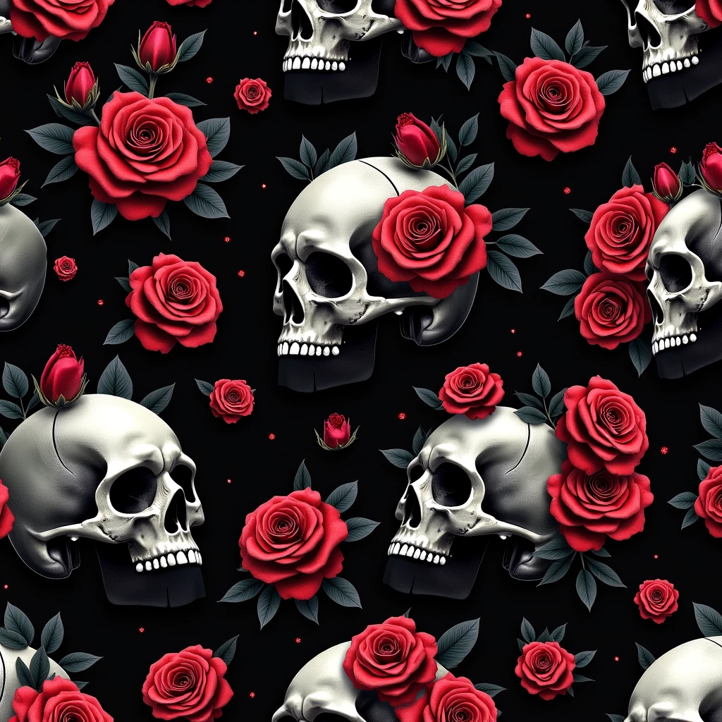 A pattern of cartoon-style skulls with the background that goes from bottom to top from black to red, all beautiful and aesthetic without losing coherence for a painting