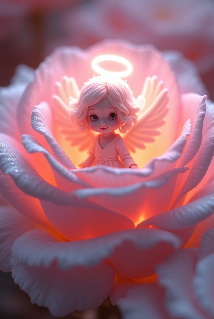 Digital Art. Microscopic, fairy-tale, light, openwork, surrealistic curly angel- (light long-sleeved clothes, whitish hair, two open fluffy wings, shining halo, smile) is hidden in the core of a lush white rose, enclosed in a bud:: of delicate petals. Peeking out  a petal. Background: leaves of a lush rosebud, velvety, delicate, with dewdrops. (Thin pink neon glowing lines) surrounded by petals. Dewy, velvety texture of the petals. Glow from within. Sparks of dew. Reflection of neon on the droplets. Close-up background of pink petals. The harmony of a fairy tale. Impressive, fantastic, a little absurd. High quality, stunningly aesthetic. A stylistic fairy tale of a microcosm at the heart of a luxurious rose, fantasy, art deco, modern. In the abstract manner of Andrew Jones. Stylistics: surrealism, fairy tale, baroque, rococo. Tenderness, unusualness, fantasy art in the manner of works by James Christensen, Leo Kaplan, Josephine Wall, Honoré Fragonard. High quality.