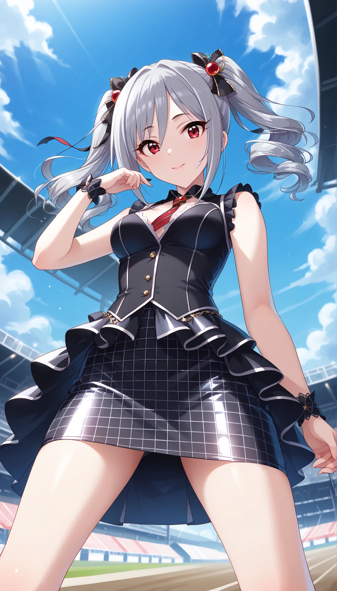 (((Ranko Kanzaki))),(((black grid girl costume))),(((tight skirt))),Bare Chest,thin thighs,medium breasts,(((Outdoors))),Close-up,Race track,pose to raise both arms, Silver Hair,TWIN TAILS,((low angle)),((Sexy Pose)),Ulchan-6500-v1.1, ( RAW photos :1.2), beautiful detailed, very detailed目 美しい目, beautiful eyes,Red Eyes、 large file size, high resolution, very detailed, Best Quality, [masterpiece:1.6], Awareness-raising, very detailed, CG, finely, Best Quality, 8K wallpaper, perfect body shape,Dynamic,very detailed,Bare legs