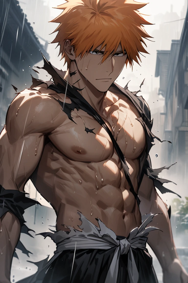 ((1boy)), young boy, (nice hands, perfect hands), (male focus), (perfect anatomy), ((kirishima eijirou)), bare chest, sparkling eyes, abs and pectoral muscles, (ready to attack a villain, looking at viewer), (ruined burning city in the background)
