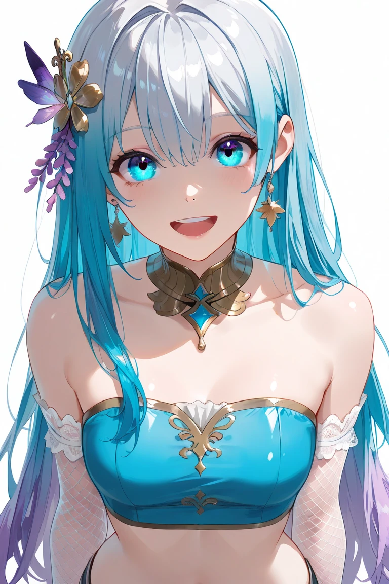 (High quality, High resolution, Fine details), stunning ornate light blue dress, elaborate embellishments, exquisite embroidery, crystal-like beads, flowing fabrics, majestic elegance, solo, curvy women, sparkling eyes, (Detailed eyes:1.2), smile, blush, Sweat, Oily skin, dramatic lighting, soft focus, shallow depth of field
