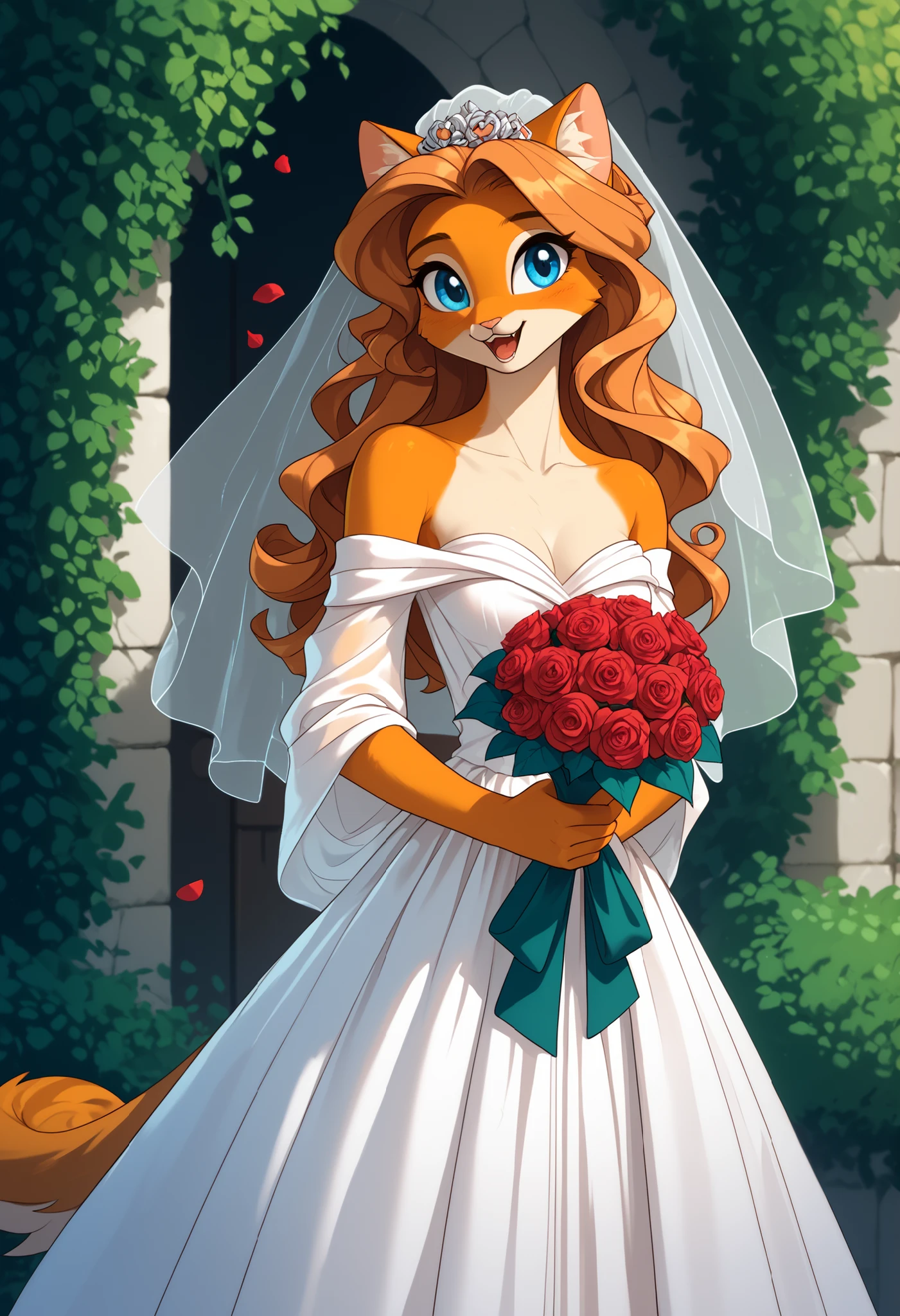 Shattered blooms, soft-focus glow, cute anthro cat girl with long blond hair and blue eyes, light colored fur, medium breasts, skinny, wearing long loose flowing robes, wedding veil, sheer robes, holding a bouquet of roses, outside in a rose garden, rose petals falling, happy