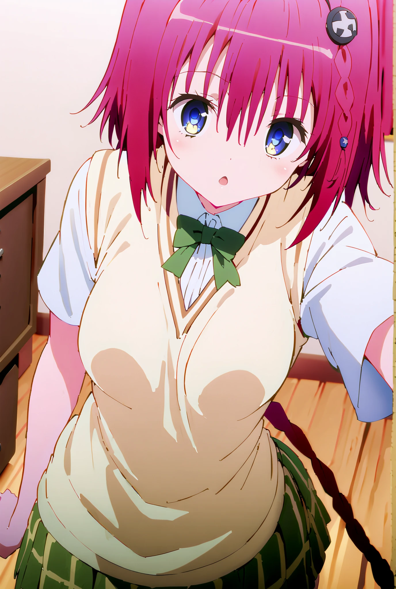 score_9, score_8_up, score_7_up, source_anime,Kurosaki's thing ,solo, stupid hair, blue eyes, long braid, Hair Intake, hair ornament, red hair,,cover,Medium breast, break green skirt that crosses, thigh plaid, thigh plaid skirt that crosses, sainan high uniform, uniform, skirt that crosses, sweater vest, (yellow sweater with benefits:1.3), Black string bra,black string panties,Short sleeve, undress, underwear, clothes drawer, Pull Your Own Clothes, is nice, panties, panties プル, shirt lift, open shirt, skirt that crosses 引く, Clothes lift, full bodyがillustrationsに入るように,break indoors, Classroom,
break looking at viewer,full body,
break (masterpiece:1.2), Best Quality, high resolution, Unity 8k 壁紙, (illustrations:0.8), (beautiful detailed eyes:1.6), very detailed face, so that it fits into the illustration, Extremely Detailed CG, (perfect hand, perfect anatomy),