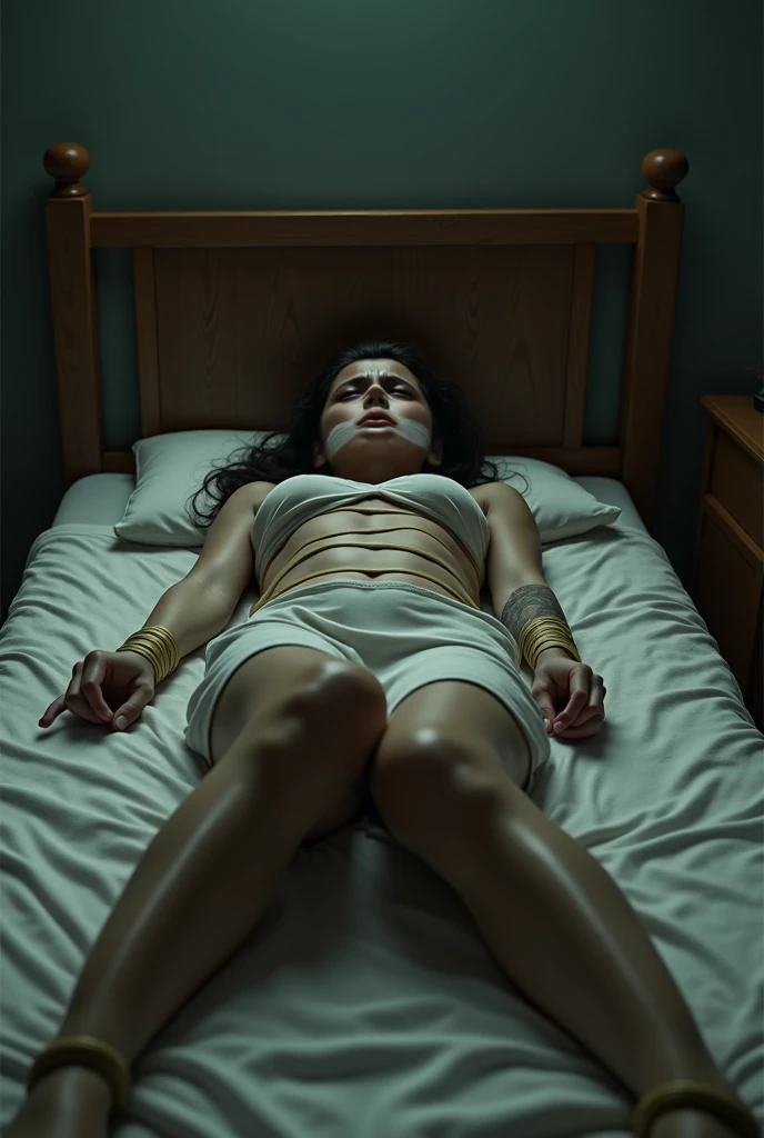adolescent, , short and brunette hair, breasts small, young and toned woman, lying on her bed, standing backwards, vagina is falling apart, Drunk, fainted, drunk (drugged), establishing action scene of a motionless sorority girl, in the nubile phase, toned and with beautiful abs being (date rape), Late in the evening, vestindo uma camisola de seda lots curta e minúscula, Lots of Skin, Late in the evening em um dormitório, Drunk (the camera flash illuminates the foreground), forcefully desecrated, non-consensual sex, forced sex, groping, immoral desecration, raped, grabbing, interracial sexual assault, lots, focused, flash, photoshot, latern, photoshot de corpo inteiro