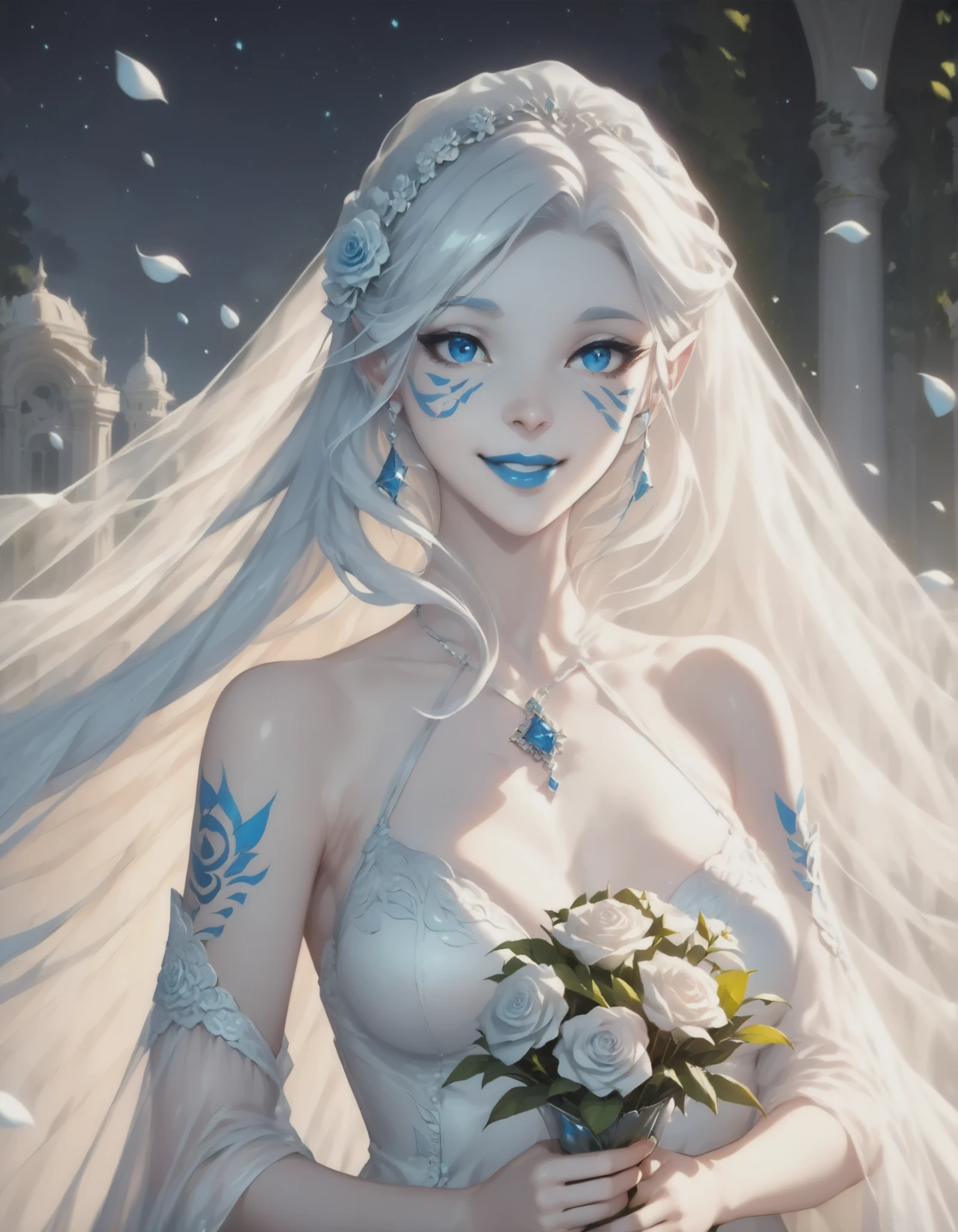 Shattered blooms + soft-focus glow, Jarael, alabaster white skin, blue tattoos, facial mark, blue lips, wearing long loose flowing robes, sheer robes, holding a bouquet of roses, rose petals falling, happy, very detailed, masterpiece, absurdres, very detailed tattoos
