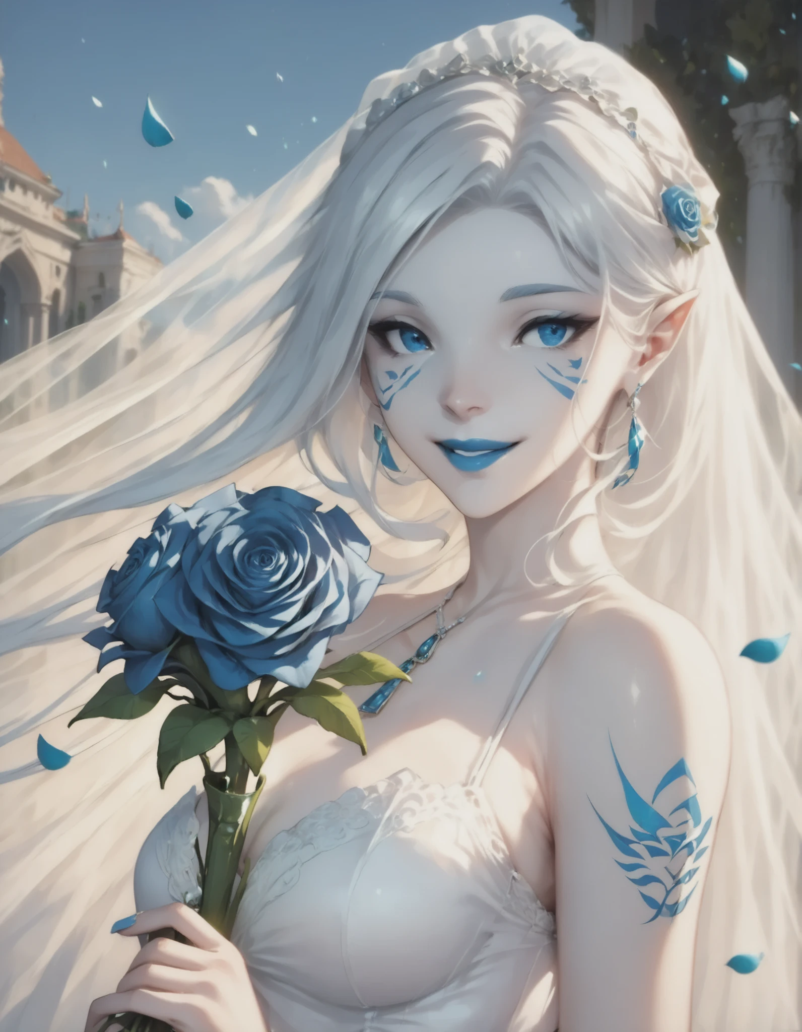 Shattered blooms + soft-focus glow, Jarael, alabaster white skin, blue tattoos, facial mark, blue lips, wearing long loose flowing robes, sheer robes, holding a bouquet of roses, rose petals falling, happy, very detailed, masterpiece, absurdres, very detailed tattoos
