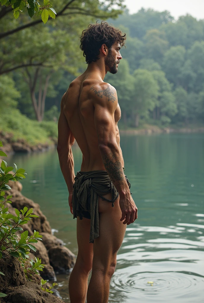 Real image of a 30 year old athletic Turkish handsome man without a shirt, wearing jean pants posing lying on a rock in the middle of a mountain stream, arid zone. Landscape of Mendoza Argentina.
