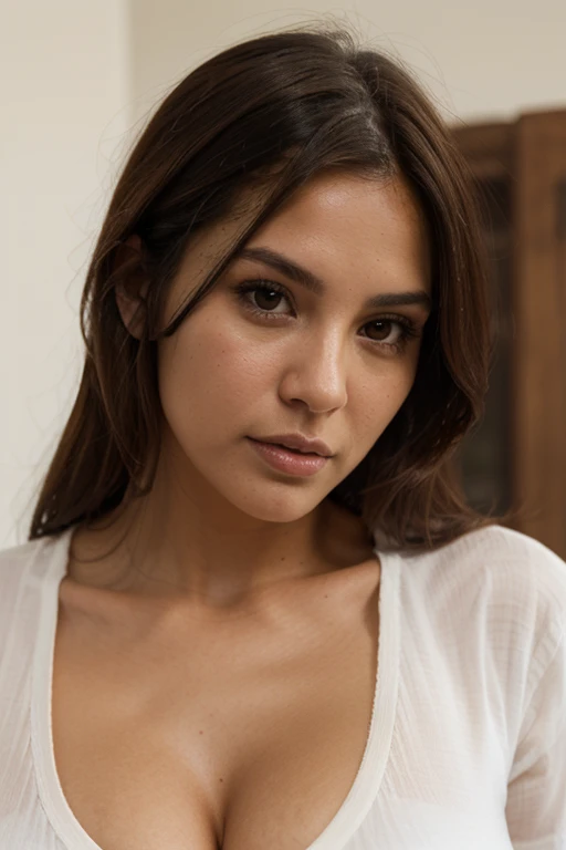 Alicia, estilo de arte animado, 1 chica, solo, senos, mirando_en_espectador, sonrisa, corto_cabello, abierto_Boca, grande_senos, rojo_eyes, cabello_entre_eyes, superior_cuerpo, blanco_cabello, :d, borroso, cocinero