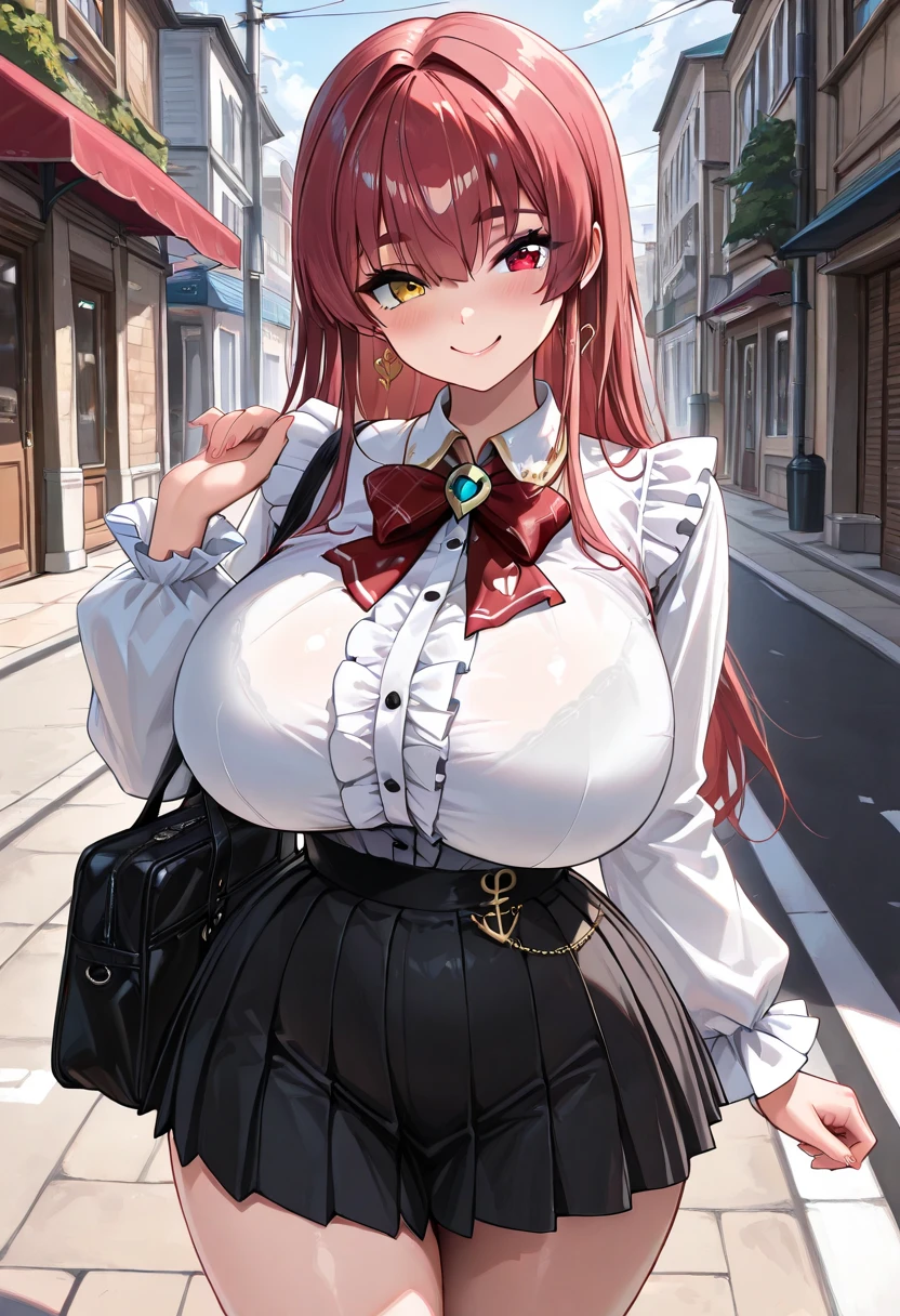 Masterpiece, Best quality, Pisif, Cowboy shot, Red hair, 1girll, Breasts, Blush, Sleeveless,jewelry, view the viewer, Skirt, necklace, Solo, bag, Sweater, Turtleneck, sleeveless turtleneck, Jacket, Sleeveless sweater, Long skirt, Medium hair, 手拿手提包，(huge tit)，underbust