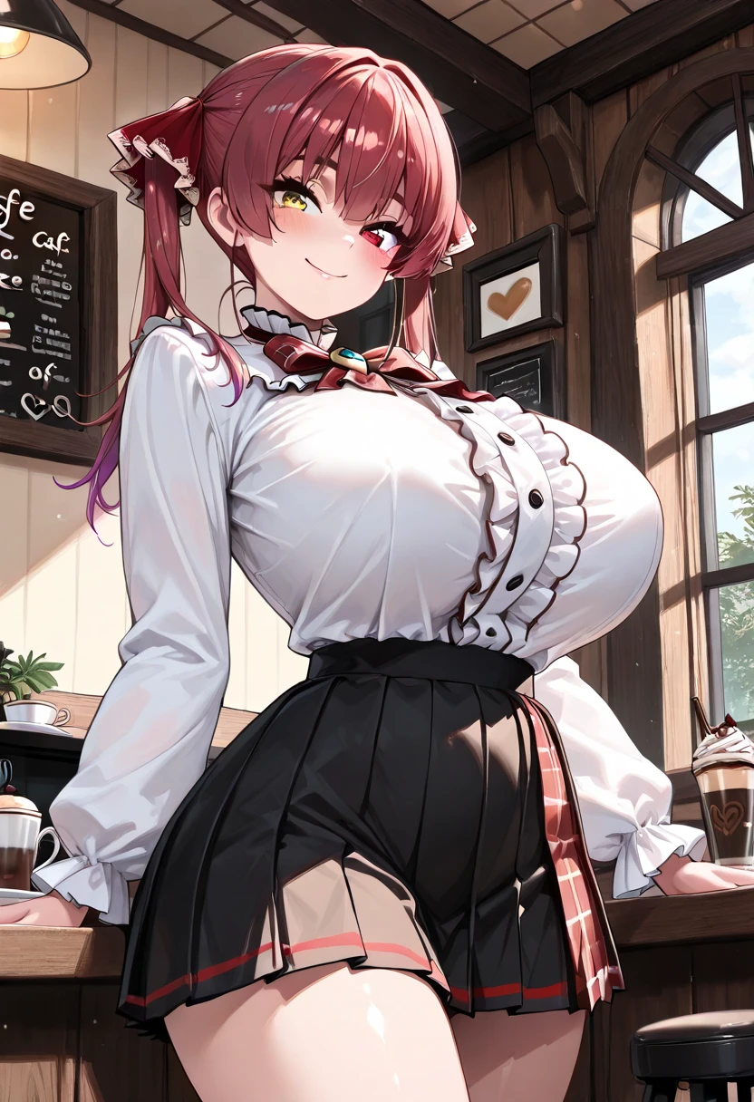 (masutepiece, of the highest quality), One girl, (skirts flip: 0.8), (Leaning forward: 0.3), bowing, full length, Looking down, gazing, Resting, girl, Makima, NSFW, 16 years old, short height, maid, Maid Cap, Red hair, braided, side braids, Gentle look, Close eyes, Big Tits, (lip stick: 0.8), Black Pantyhose Black Pantyhose, lowfers, Laughing, Sleeping, closes mouth, Rest of the Background, Indoors, cafes