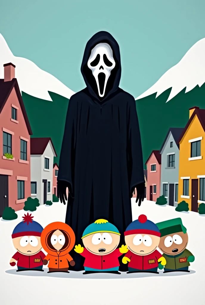 Ghostface from the horror movie scream meets South Park cartoon