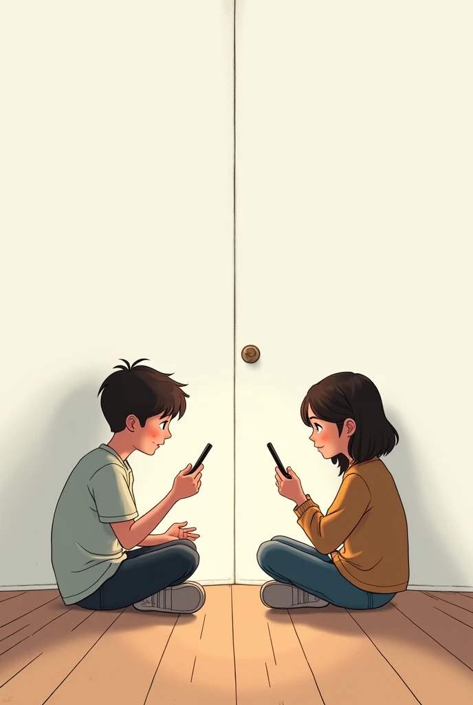 Create an image that on the right has a middle-aged man talking in love on the phone, with black hair and casual clothes, then separated from the left by a wall, who are not looking at each other, and on the left there is a young, friendly, brown skin, also speaking. by phone.