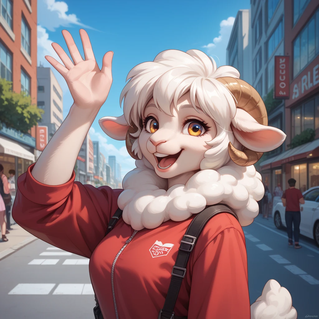 POV oral sex, cum, feral sheep, female, hand on head, blush, pleasured, tongue out, mouth open, on the street, in public, everyone watching