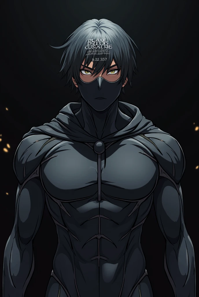 Muscle man, short black hair, blue eyes, black hood, black face mask, black and dark green cueter, spy