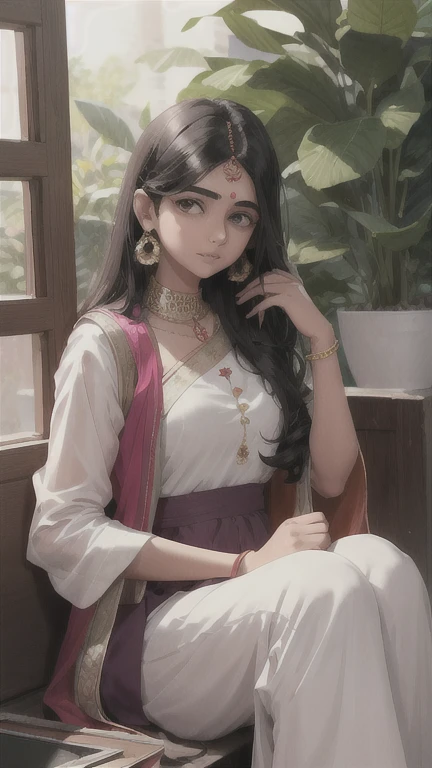 (masterpiece),(best quality:1.0), (ultra highres:1.0), detailed illustration, 8k, anime, 1girl, beautiful anime girl, wearing a white and red saree, beautiful saree, intricate details, black eyes, detailed eyes, black hair, detailed hair detailed, highlights on hair, smiling, matte red lipstick, red lips, anime style, best quality, detailed