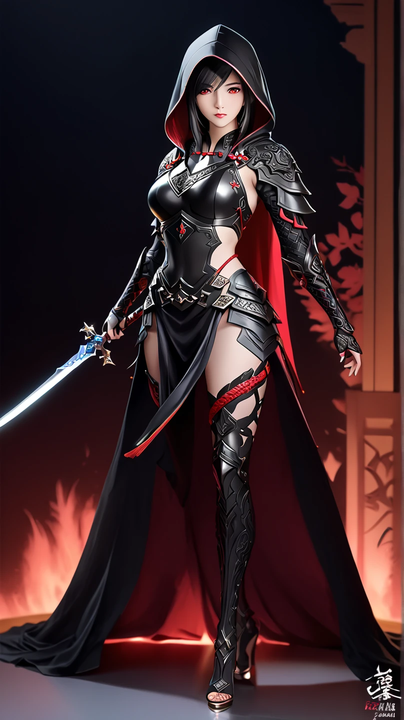 Wide hip, Perfect waist cut, belly muscle, Large breasts, Warrior girl with a fantastic scimitar on hand, Skimpy organza clothes ,dark blue hair with red highlights, (perfect nose), Seductive gaze, Boots on high heels (Best Illustration), 8k Resolution, Intricate Details, Best Quality, Realistic, Ultra Detailed, Best Lighting, Best Shadows, Ultra HD, A Necromancer style, Night, Magic, Dark Style, Vampire, (shining red eyes:1.6), masterpiece, high_res, Beautiful face, tyndall effect, photo realistic, (high detailed skin:1.2), 8k uhd, dslr, high quality, Photograph, high resolution, 4k, 8k, Bokeh, absurdres, ponytail contorted, best ratio four finger and one thumb, front view, dark blue hair gorgeous, perfect proportional skinny fitness body, full body view, wet skin, wet clothes, dark cathedral baground scenery, huge bobs