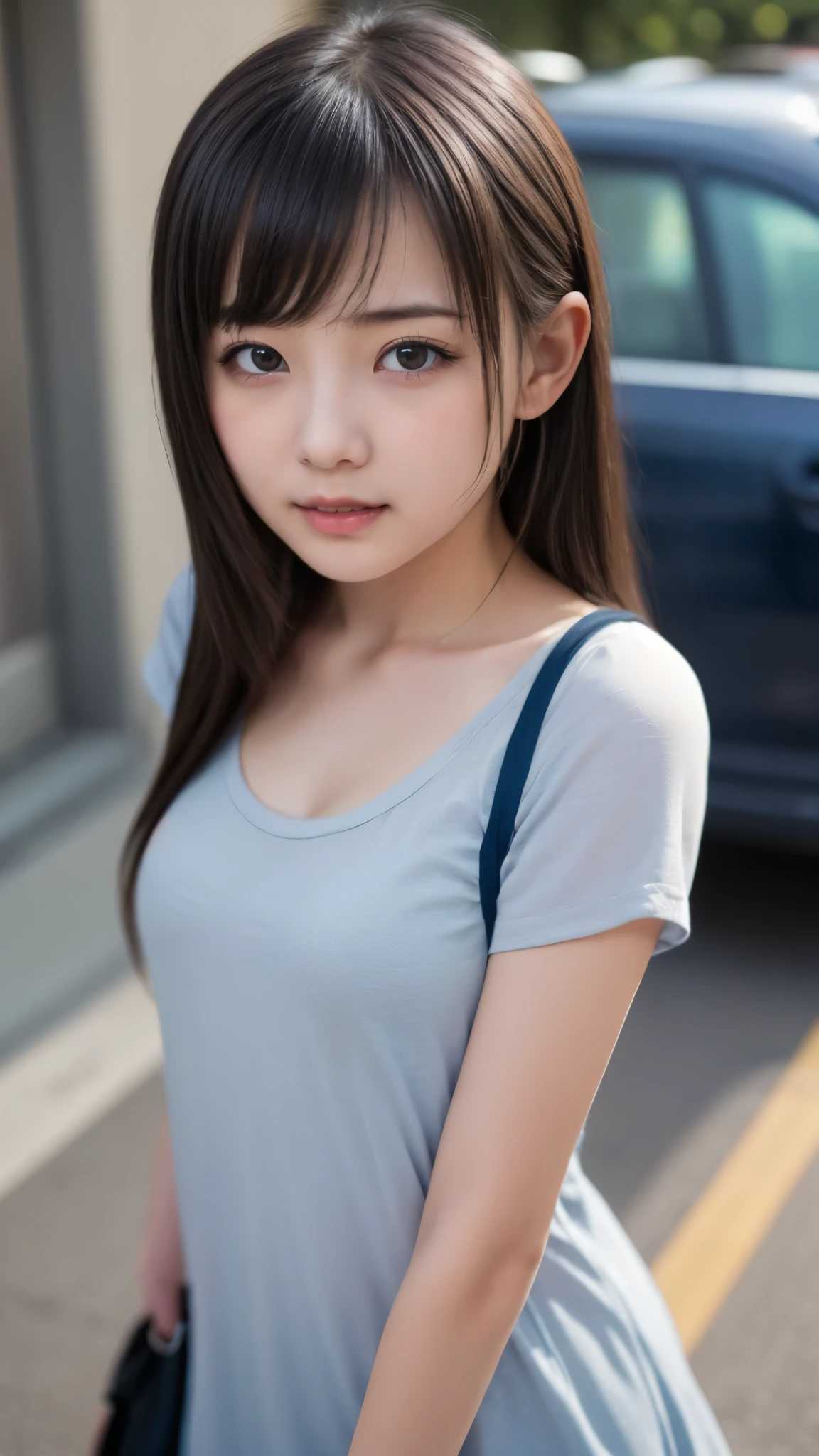  high image quality、 Genuine 、 female middle school student、beautiful small face , cute face 、 beautiful girl、 beautiful woman, Light clothing, うさちゃん的な beautiful girl、very long tongueのオマンコ 、 very long tongue ,up face,cute kinky face,Face Up, On the road