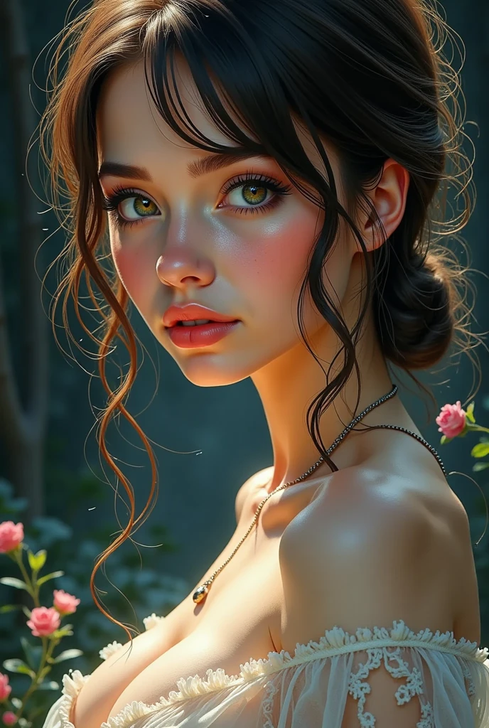 "(((obra-prima))), melhor qualidade, ultra-detallhado, High resolution CG image with a beautiful woman with black red hair with bright violet eyes, retratados em detalhes fascinantes. His delicate body is accurately represented at every angle. Ela possui longos cabelos ruivos que caem suavemente sobre seu vestido moderno. The upper part of his body is sculpted to perfection. "