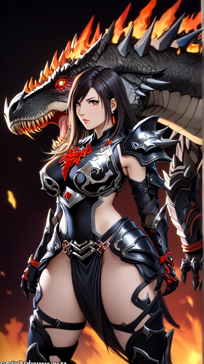 Closet up sexy and seductive Japanese woman with black hair, large breasts set body wearing Dragon armor with black sword with anime style fire element) (anime art style, high quality picture --auto --s2