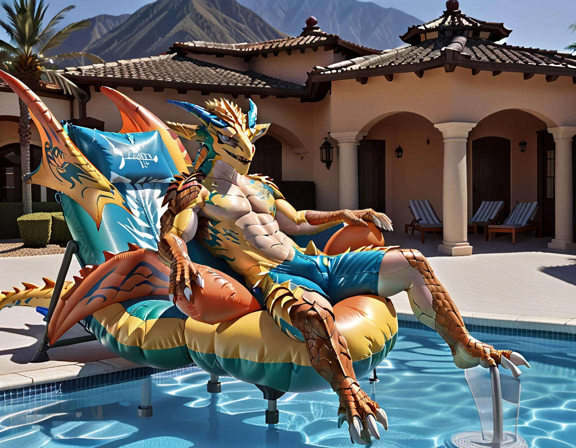 red dragon boy (sozinho), macho, usando sunga (sensual e provocante), delicate and fragile, olha sedutor, na praia,