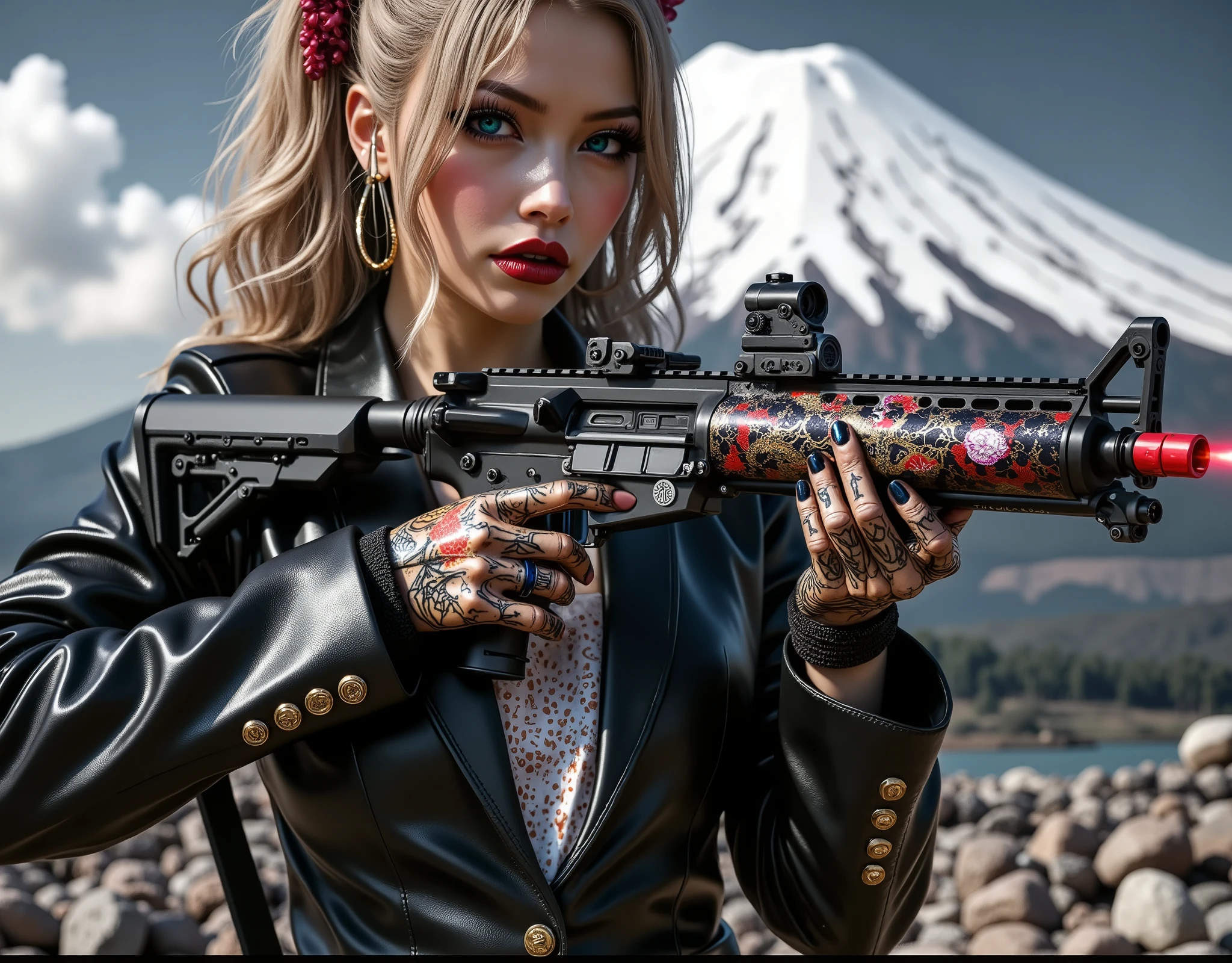 [Style: - "8k, masterpiece, realistic, Photorealistic realism, Hyper high resolution" - "highest quality, intricate ultra-detailed digital art"] (Key Directive: - "The priority is the anatomical accuracy and texture of the materials" - "Ultra-sharp human eyes with biological accuracy") {Character: "a beautiful girl hold with both hands, one machine gun [(M16A4 assault rifle, Stat Track) ((Pull the trigger with your index finger:1.2, Laser beam:0.7, Flamethrower:0.7, Looks like fire:0.6)) ((Painted Japanese dragon))" | "((firm and full breasts:1.4))]" | Face: "full lips, red lipstick, intense gaze" | Eyes: - "((sharp focus, no blurry eyes, Hyper absurd quality, Hyper details, Hyper realistic brown eyes:1.4))" - "((extra narrow eyebrows))" - "(Carefully draw Long blue_mascara:1.2)" - "(perfect round eyes)" | Hair: "long hair, blonde hair, curls at the ends of the hair, hair above one eye,((long combed to the side))" | Pose: "elegant pose" Outfit: [Top: "modest office suit {black,elegant,leather}, (shiny accessories)" | " white undershirt(lace)"] | [Shoes: "high heels"]  Environment: "((Mt. Fuji tori))" Lighting: "studio lighting, monochromatic, striking contrast, dramatic shadows" (Rendering engine: "Unreal Engine 5 path tracing, 16K texture maps") | The ultra-Highres,Unreal 5,Subsurface scattering,PBR Texturing,Post-Processing,Anisotropic Filtering,depth of fields,Maximum Sharpness and Sharpness,multi-layered texture,Albedo and Specular maps,Surface Shading,Precise simulation of light-material interactions,perfectly proportions,Octane rendering