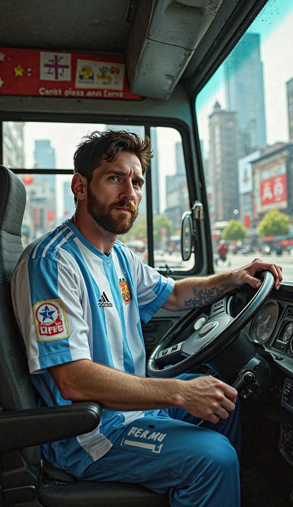 Messi in a forklift with an orange shirt that says Dinant FC
