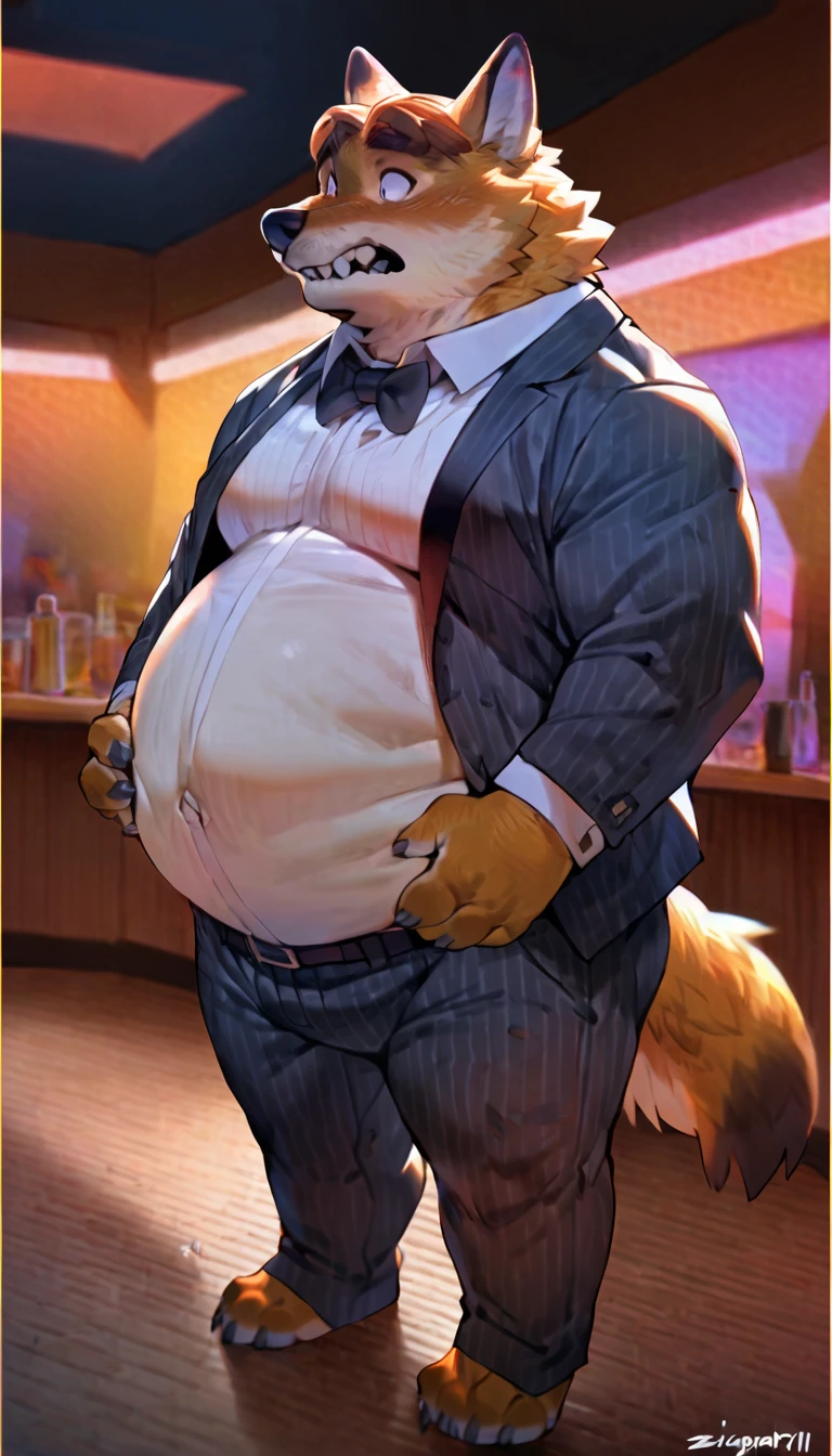 By mystikfox61, by glitter trap boy, by juiceps, by darkgem, solo, male, polar bear, white fur, green eyes, detailed eyes, detailed hands, muscular inflating body belly inflatión belly bloated , overweight, musclegut, big biceps, smiling, glasses, wearing a full suit and tie, standing, street, outside, wonderful day out