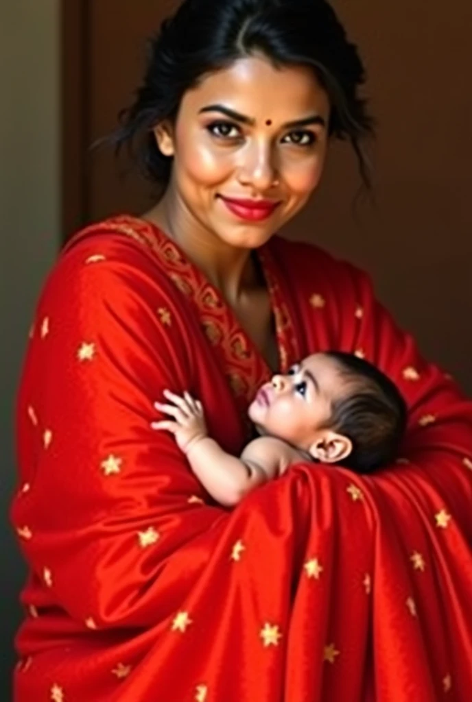 Woman mother with her baby, cabello negro y mediano, hermosos ojos, Sonriente, fondo detallado