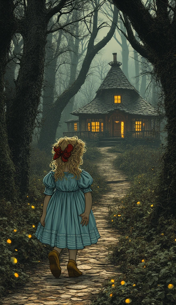 {green and white theme, fantasy world}, 1 girl, alone, alone, white lace dress, looking back, walking in the forest, house, tree, street lamp, moon, starry sky, bright, star\(symbol\ ), pixie, pixiv art, masterpiece, best quality, ultra detailed, whitetown (art inspired by Bill Sienkiewicz). oil painting)
