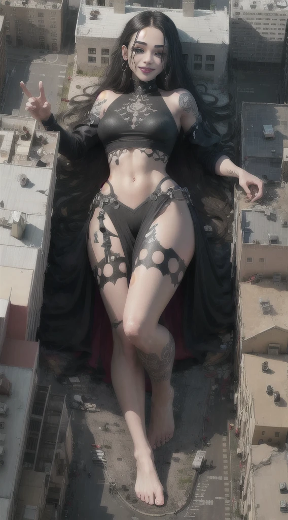 A tall 40-year-old giant stands in the middle of a city street，legs separated, Highly detailed photo of a beautiful model, Beautiful giantess stands with her legs apart, sexy dominant pose, Look up at the perspective，Charming smile，Realistic painting style，NSFW，Black color hair，No bangs，Show forehead，The face of a classical Chinese beauty，（fullbody naked）（Bare body）（Bright fair skin）（Not wearing a bra）（Completely naked）（ Reveals pink areola ）（Beautiful  ）（tonedbody）（There are abs and pectoral muscles）（There are muscle lines）（nice breasts）（camel-toe）（Vulvar shape）（no  skirt）（with no underpants）（Vaginal exposure  ）（There is pubic hair）（Perfect leg shape）（Wear 18cm high pointed toe black high heels）Background city bustling streets
