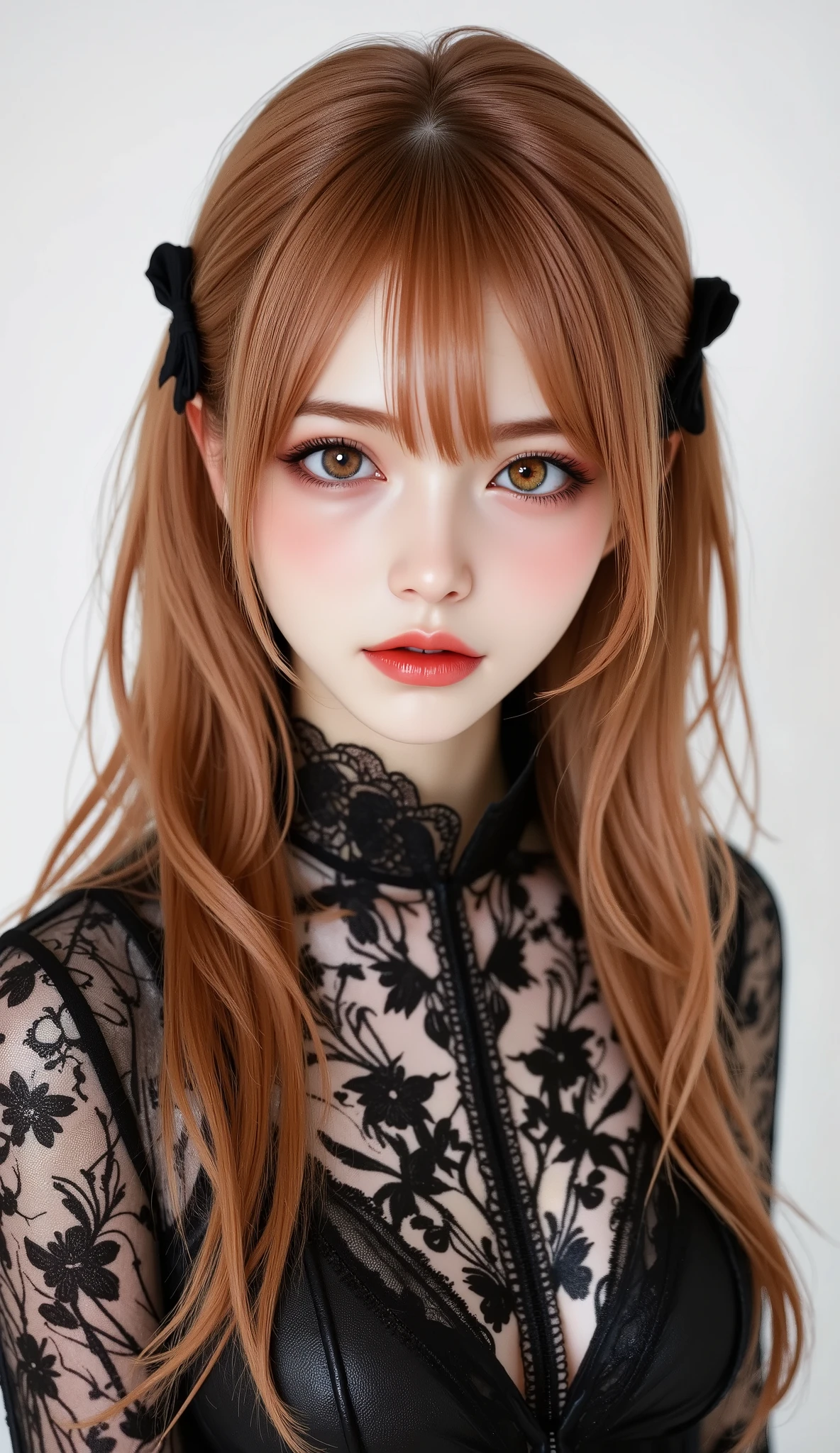 [Style: - "8k, masterpiece, realistic, Photorealistic realism, Hyper high resolution" - "highest quality, intricate ultra-detailed digital art"] (Key Directive: - "The priority is the anatomical accuracy and texture of the materials" - "Ultra-sharp human eyes with biological accuracy") {Character: "a beautiful girl, [Rosé from blackpink((firm and full breasts))]" | Face: "full lips, red lipstick, intense gaze" | Eyes: - "((sharp focus, no blurry eyes, Hyper absurd quality, Hyper details, Hyper realistic brown eyes:1.4))" - "((extra narrow eyebrows))" - "(Carefully draw Long blue_mascara:1.2)" - "(perfect round eyes)" | Hair: "long hair, red hair, curls at the ends of the hair, hair above one eye,((long combed to the side))" | Pose: "elegant pose" Outfit: [Top: "modest office suit {black,elegant,leather}, (shiny accessories)" | laced white undershirt" | (Shoes: "high heels (black leather)"] Environment: "((Mt. Fuji tori))" Lighting: "studio lighting, monochromatic, striking contrast, dramatic shadows" (Rendering engine: "Unreal Engine 5 path tracing, 16K texture maps") | The ultra-Highres,Unreal 5,Subsurface scattering,PBR Texturing,Post-Processing,Anisotropic Filtering,depth of fields,Maximum Sharpness and Sharpness,multi-layered texture,Albedo and Specular maps,Surface Shading,Precise simulation of light-material interactions,perfectly proportions,Octane rendering,Two-tone illumination,Wide Aperture, low ISO, white balance, The rule of thirds