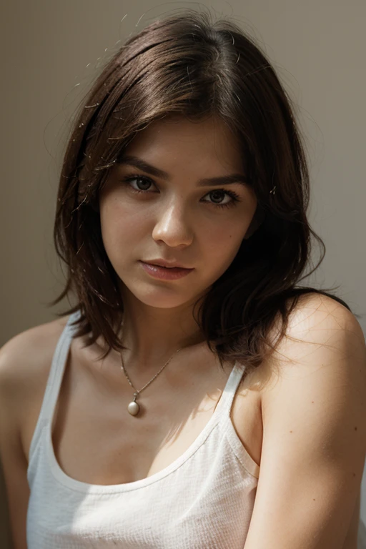 1 , high resolution, medium breasts, shorth hair, Masterpiece artwork, wearing a transparent and extremely short top(1:2), Brazilian appearance, precise, chestnut hair, slightly separated lips, view from the bottom, Depth of field, backlighting, silhuette,