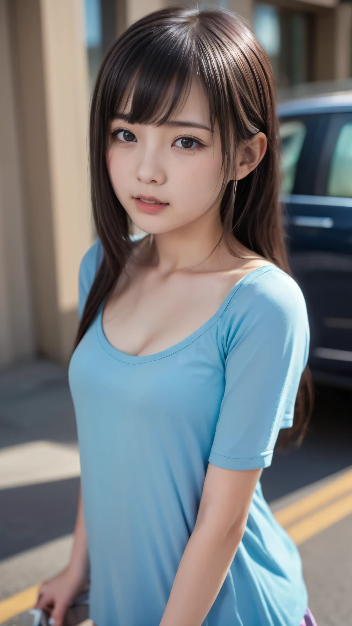 high image quality、 Genuine 、 female middle school student、beautiful small face , cute face 、 beautiful girl、 beautiful woman, Light clothing, うさちゃん的な beautiful girl、very long tongueのオマンコ 、 very long tongue ,up face,cute kinky face,Face Up, On the road