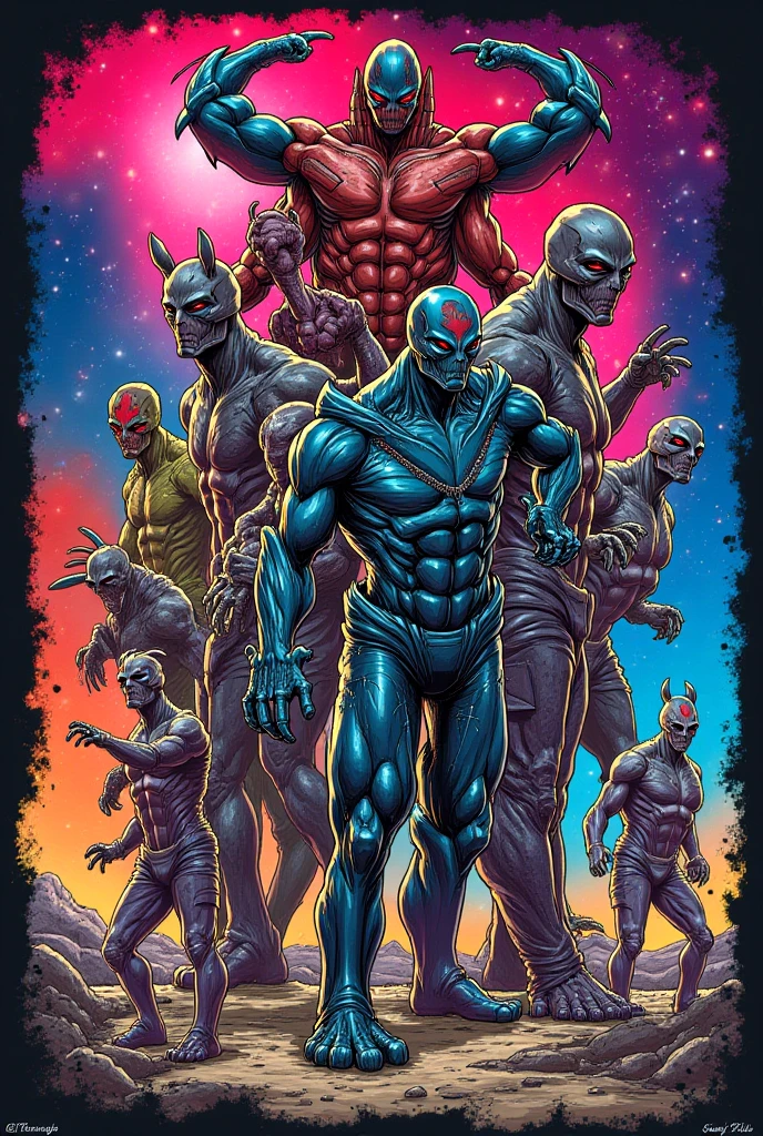 lot of characters from (Heavy Metal Magazine), there are five Atlantean reptilian warriors in a row with a starship in the background, female features, green skin, yellow eyes, evil, concept art inspired by Moebius and Ed Emshwiller.