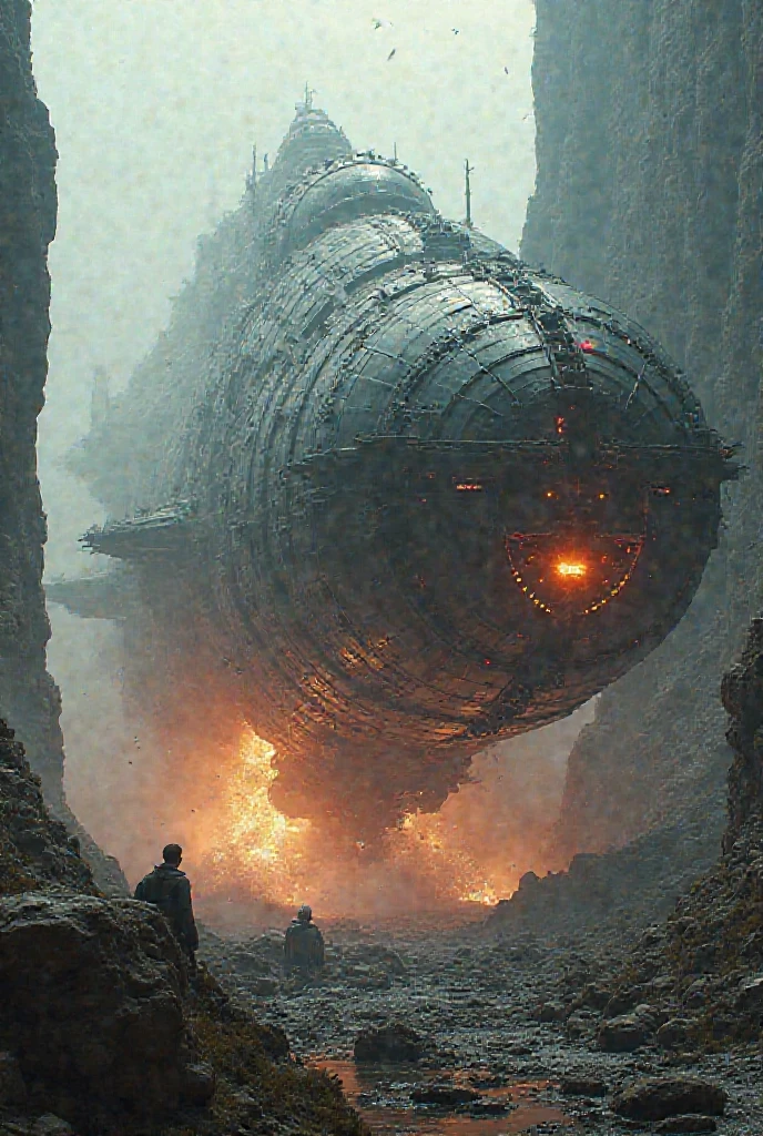 A massive, futuristic spaceship crash-landed on an alien planet - SeaArt AI