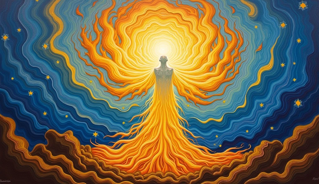 Create a woodcut style image digital art surreal art that depicts a mystical figure with divine characteristics,GOD,connected with the astral, symbolizing control and harmony with the universe. Use a vibrant color palette, including blue, oranges and whites, to create heavenly contrast and a stunning visual effect,The figure shows the frequency