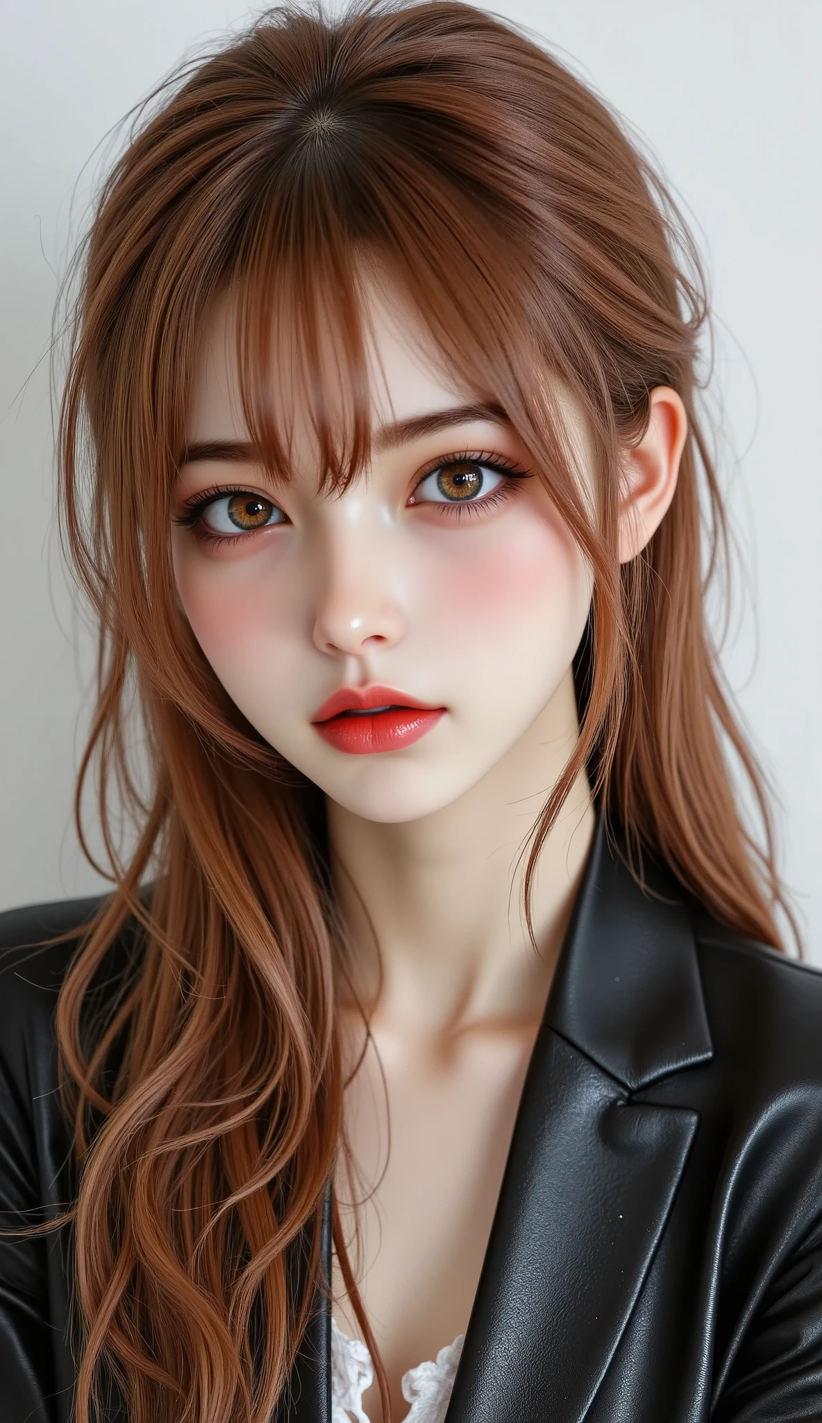 [Style: - "8k, masterpiece, realistic, Photorealistic realism, Hyper high resolution" - "highest quality, intricate ultra-detailed digital art"] (Key Directive: - "The priority is the anatomical accuracy and texture of the materials" - "Ultra-sharp human eyes with biological accuracy") {Character: "a beautiful girl, [Rosé from blackpink((firm and full breasts))]" | Face: "full lips, red lipstick, intense gaze" | Eyes: - "((sharp focus, no blurry eyes, Hyper absurd quality, Hyper details, Hyper realistic brown eyes:1.4))" - "((extra narrow eyebrows))" - "(Carefully draw Long blue_mascara:1.2)" - "(perfect round eyes)" | Hair: "long hair, red hair, curls at the ends of the hair, hair above one eye,((long combed to the side))" | Pose: "elegant pose" Outfit: [Top: "modest office suit {black,elegant,leather}, (shiny accessories)" | laced white undershirt" | (Shoes: "high heels (black leather)"] Environment: "((Mt. Fuji tori))" Lighting: "studio lighting, monochromatic, striking contrast, dramatic shadows" (Rendering engine: "Unreal Engine 5 path tracing, 16K texture maps") | The ultra-Highres,Unreal 5,Subsurface scattering,PBR Texturing,Post-Processing,Anisotropic Filtering,depth of fields,Maximum Sharpness and Sharpness,multi-layered texture,Albedo and Specular maps,Surface Shading,Precise simulation of light-material interactions,perfectly proportions,Octane rendering,Two-tone illumination,Wide Aperture, low ISO, white balance, The rule of thirds