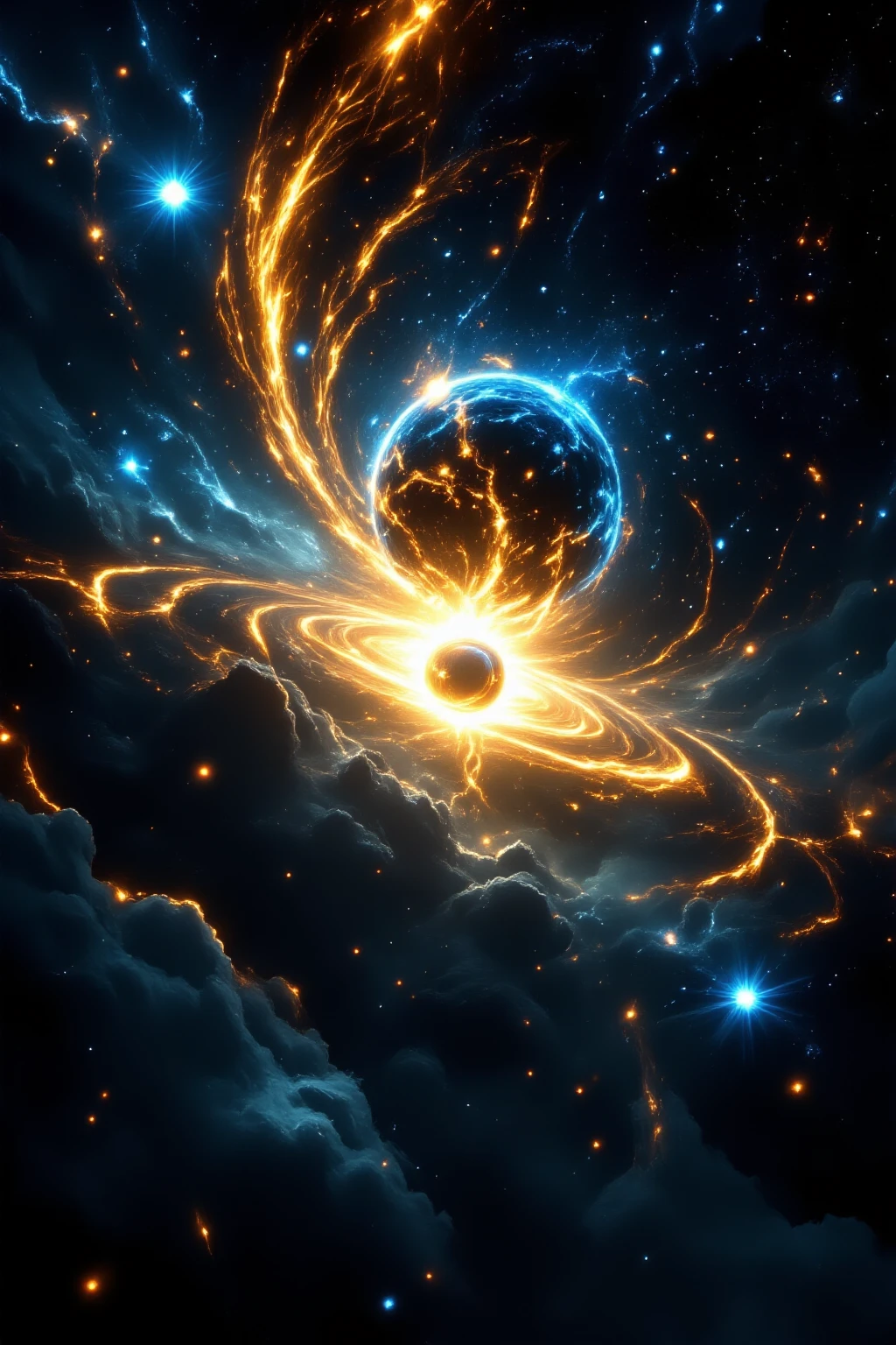 Mysterious Space in the Vast Universe,Surreal Scenery Seen Through a Convex Lens,Huge Stars and Planets,Blue Nebula Clouds,Golden Saturated Sunlight,fine details,4k high definition ,hyperrealistic,professional-grade,vibrant colors,dreamy atmosphere, digital art, cyberpunk