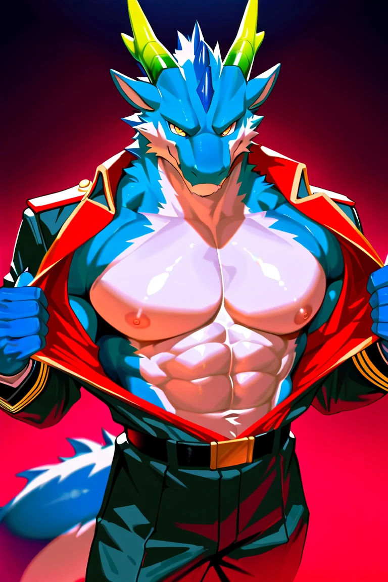 A Legiana as a German official posing for a portrait, white-blue uniform, white leather gloves, clawed fingers, 4 fingers, 1900s photograph, long coat, open coat, blue outlining, padded fingers, golden-blue belt,  muscular, lobo, the second, large pectorals, venous muscles, Huge muscles, flexing, wearing speedo, smilin, thin waist, flexing, smiling