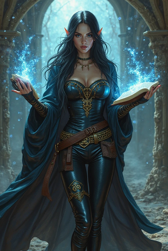 a sorceress casting a IceMagicAII spell in magical library exquisite beautiful human woman ((full body shot: 1.5)), ((anatomically correct: 1.5)) (ultra detailed face: 1.2), dynamic skin complexion, dynamic hair style, dynamic hair color,  she is wearing a long dark dress, intricate dark dress, small cleavage, long white cloak, (high heeled boots: 1.3), manipulating icy magic, controlling icy runes,  fantasy magical laboratory, books, potions, and magical study items,  background,  vibrant, Ultra-high resolution, High Contrast, (masterpiece:1.5), highest quality, Best aesthetics), best details, best quality, highres, 16k, [ultra detailed], masterpiece, best quality, (extremely detailed) RAW, fantasy art, dnd art, fantasy art, realistic art,  (ultra details, Masterpiece, best quality), IceMagicAI, Cinematic Hollywood Film, Intense gaze